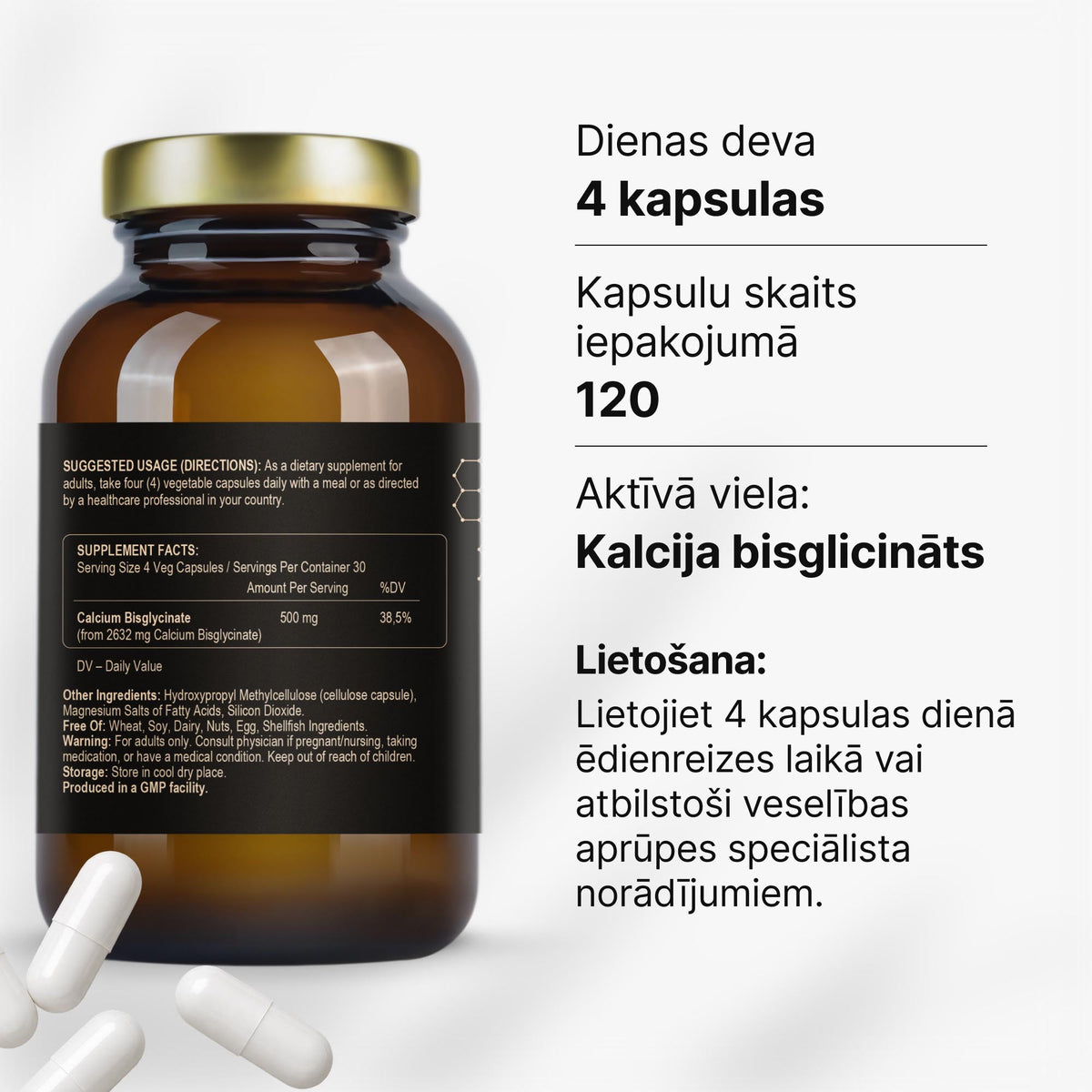 Kalcija bisglicināts 125 mg kauliem, zobiem un muskuļu darbībai no Fuel Up (120 kapsulas)