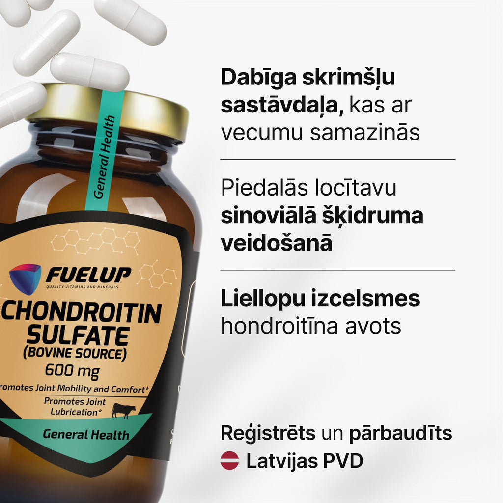 Hondroitīna sulfāts 600 mg skrimšļiem un locītavu kustīgumam no Fuel Up (120 kapsulas)