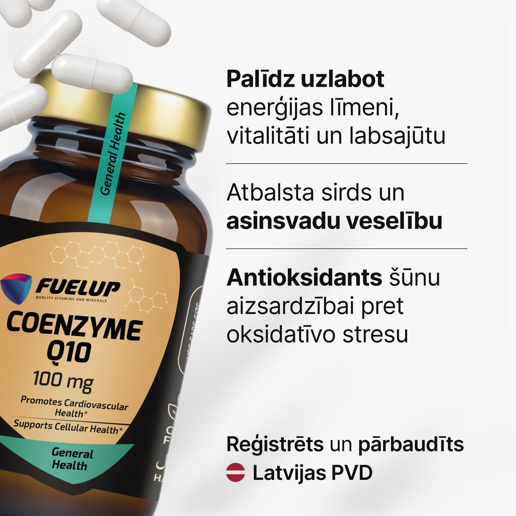 Koenzīms Q10 100 mg (ubihinons) enerģijai un vitalitātei no Fuel Up (100 kapsulas)
