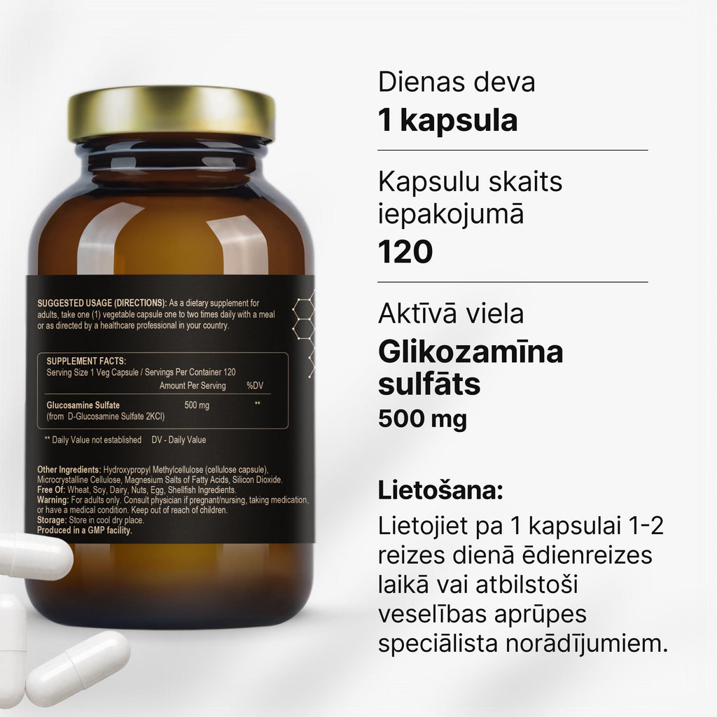 Glikozamīna sulfāts 500 mg (2KCl) skrimšļa struktūrvielu papildināšanai no Fuel Up (120 kapsulas)