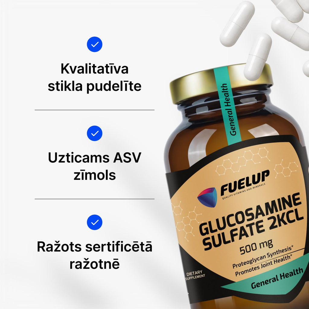 Glikozamīna sulfāts 500 mg (2KCl) skrimšļa struktūrvielu papildināšanai no Fuel Up (120 kapsulas)