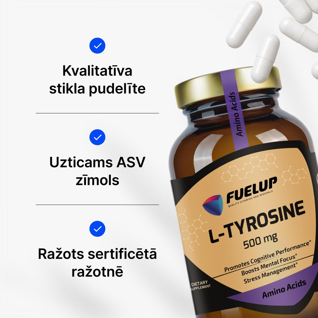 L-tirozīns 500 mg fokusam un garīgai veiktspējai intensīvas slodzes laikā no Fuel Up (120 kapsulas)
