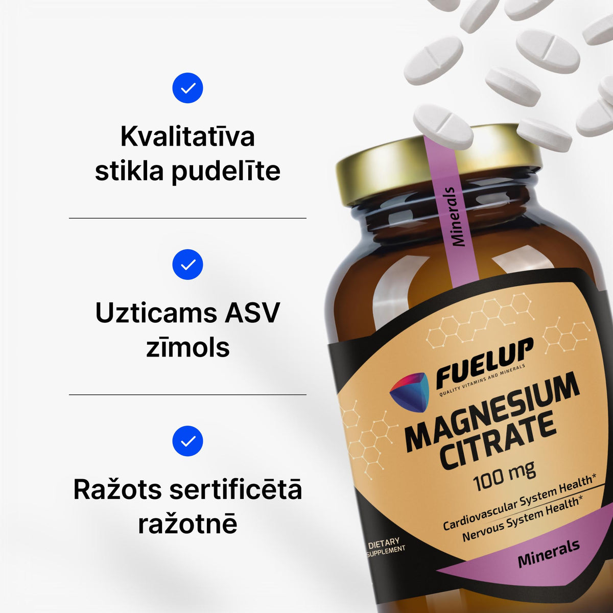 Magnija citrāts 100 mg enerģijai, nervu sistēmai un muskuļiem no Fuel Up (120 tabletes)