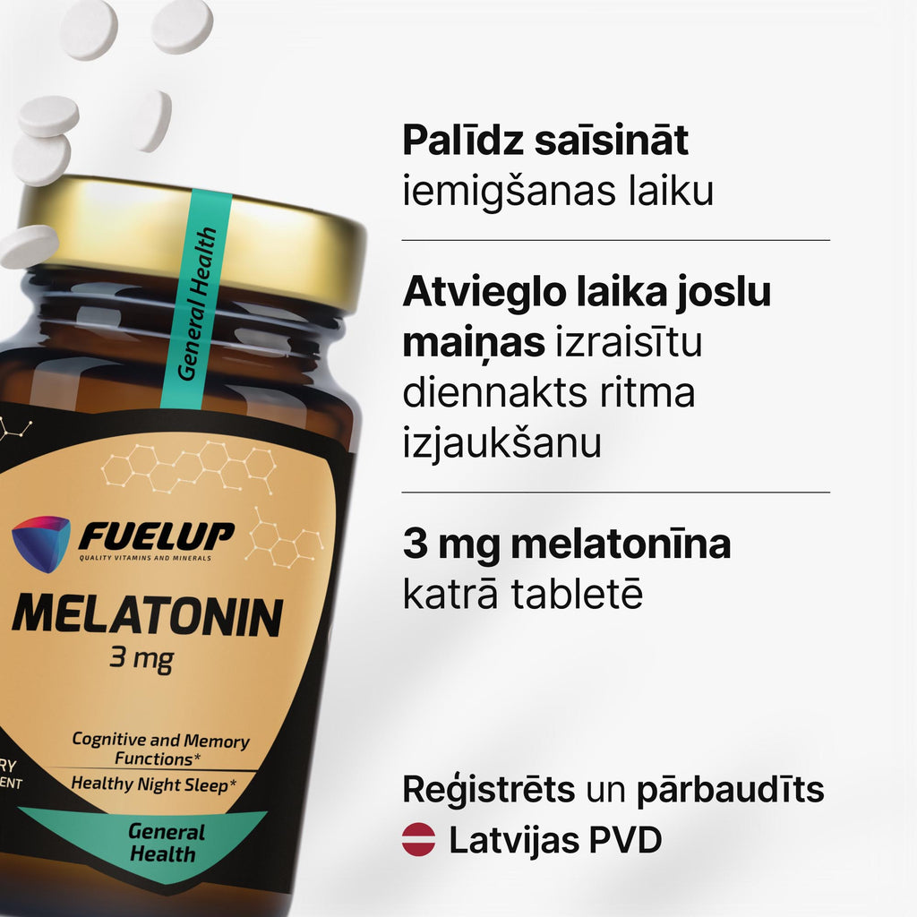 Melatonīns 3 mg ātrākai iemigšanai un laika joslu maiņas radīto sajūtu mazināšanai no Fuel Up
