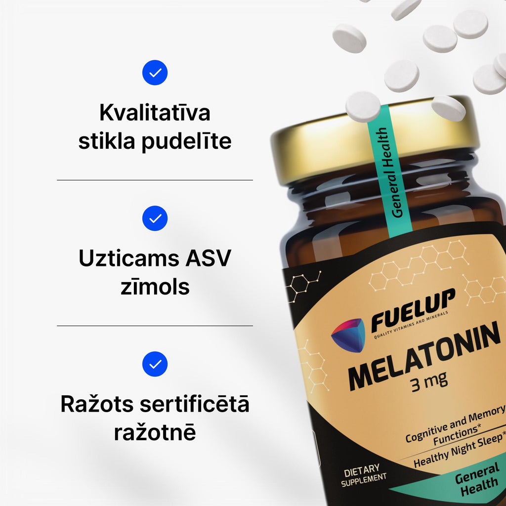 Melatonīns 3 mg ātrākai iemigšanai un laika joslu maiņas radīto sajūtu mazināšanai no Fuel Up
