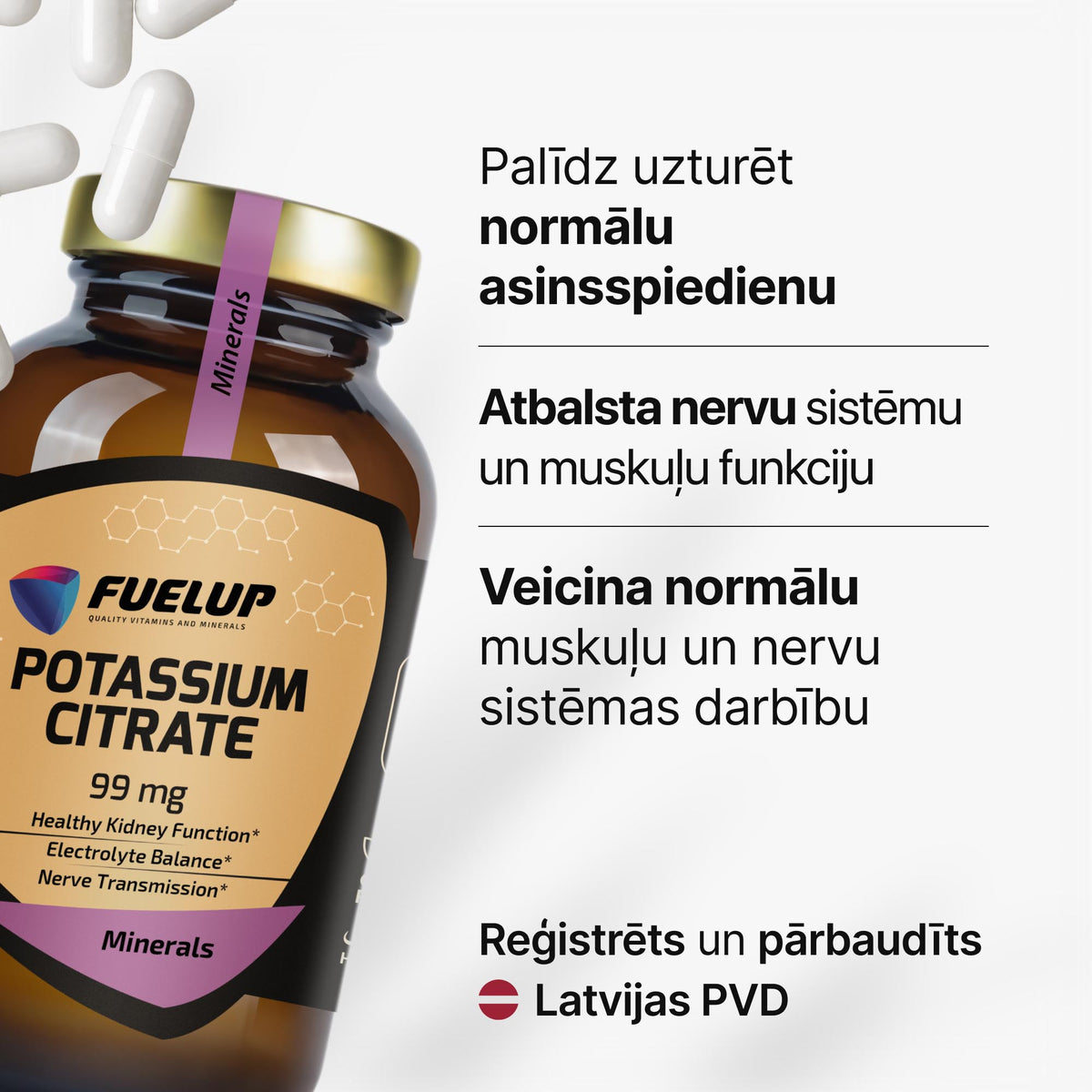 Kālija citrāts 99 mg muskuļiem, nervu sistēmai un asinsspiedienam no Fuel Up (120 kapsulas)