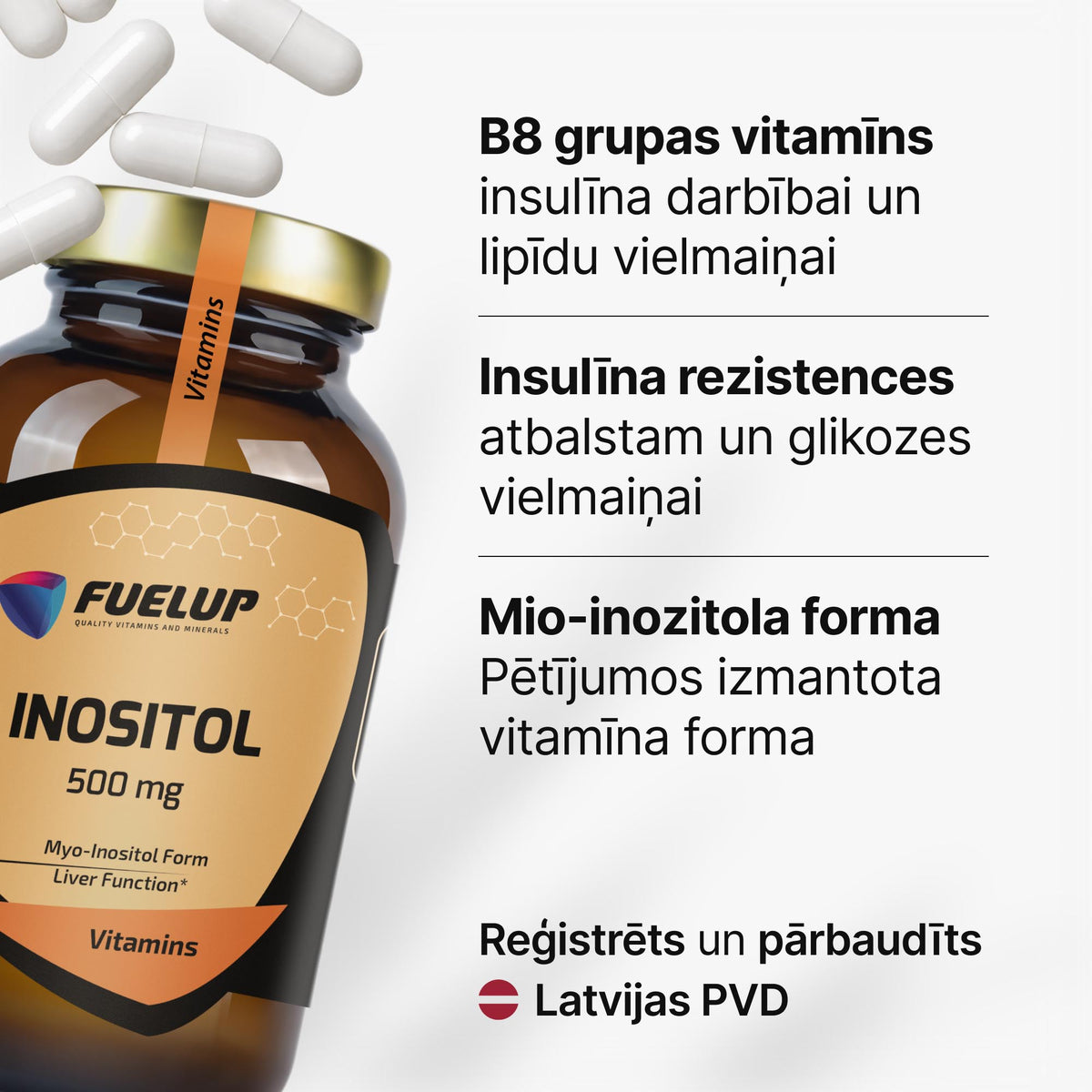 Mio-inozitols 500 mg glikozes vielmaiņai un hormonālajam līdzsvaram sievietēm no Fuel Up (90 kapsulas)
