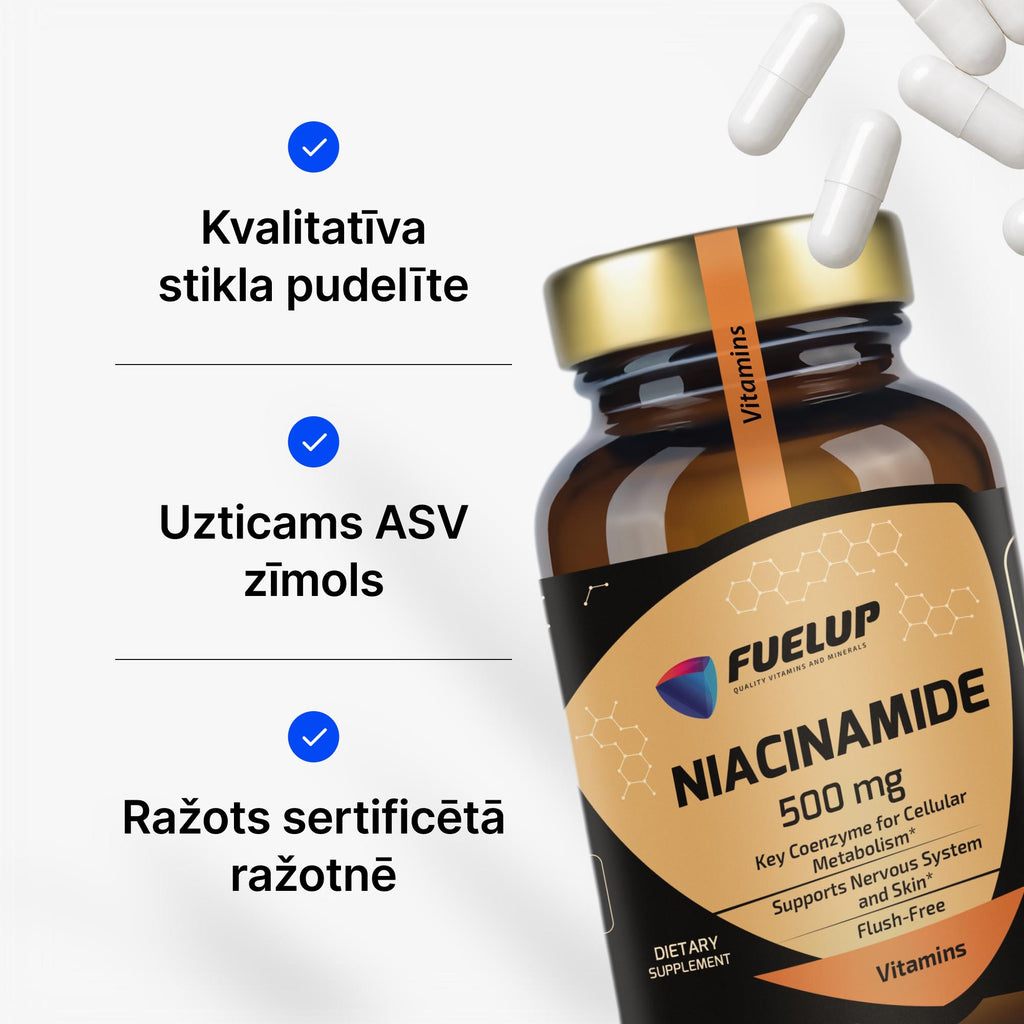 Niacinamīds (B3 vitamīns) 500 mg enerģijai, ādai un nervu sistēmai no Fuel Up (60 kapsulas)